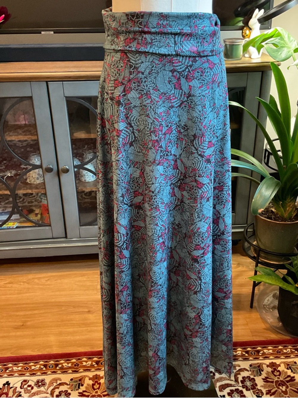 LuLaRoe Teal Maxi Skirt with Pink Floral Pattern